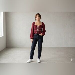 Elegant Burgundy Blouse with Lace-Up Detail